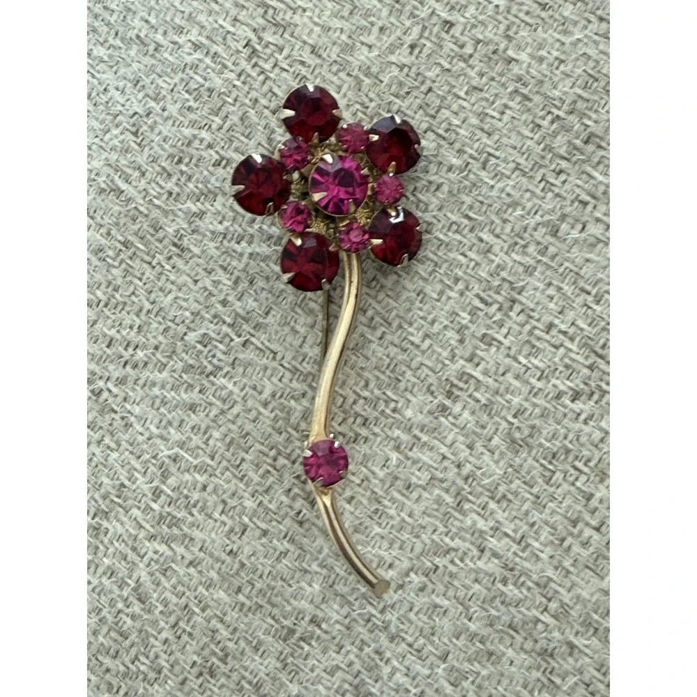 Vintage Red Pink Rhinestone Flower Brooch Gold Tone Floral Pin‎ Statement